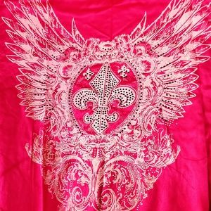 Huge hot pink scarf/wrap. Rhinestones fleur-de-lis feathered wings. Very Moda